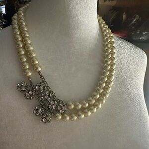 Vintage faux pearl and rhinestone double strand necklace